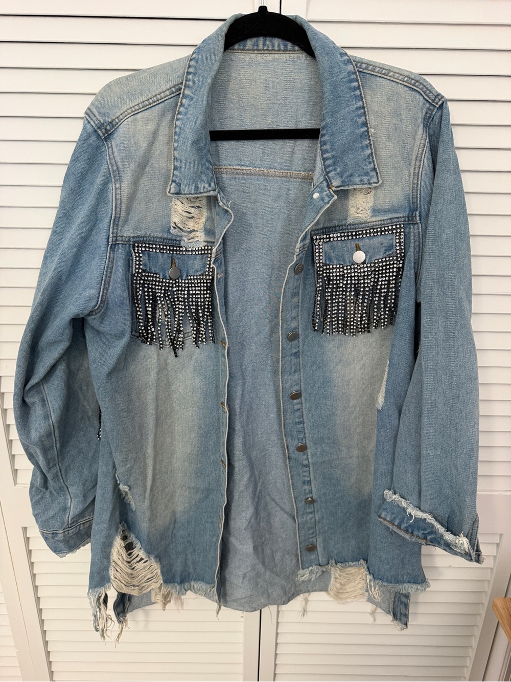 Light Blue Distressed Denim Jacket with Rhinestone Fringe Size XL